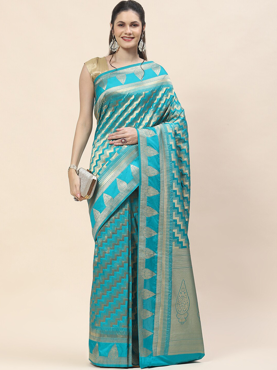 

Meena Bazaar Geometric Woven Design Art Silk Saree, Blue