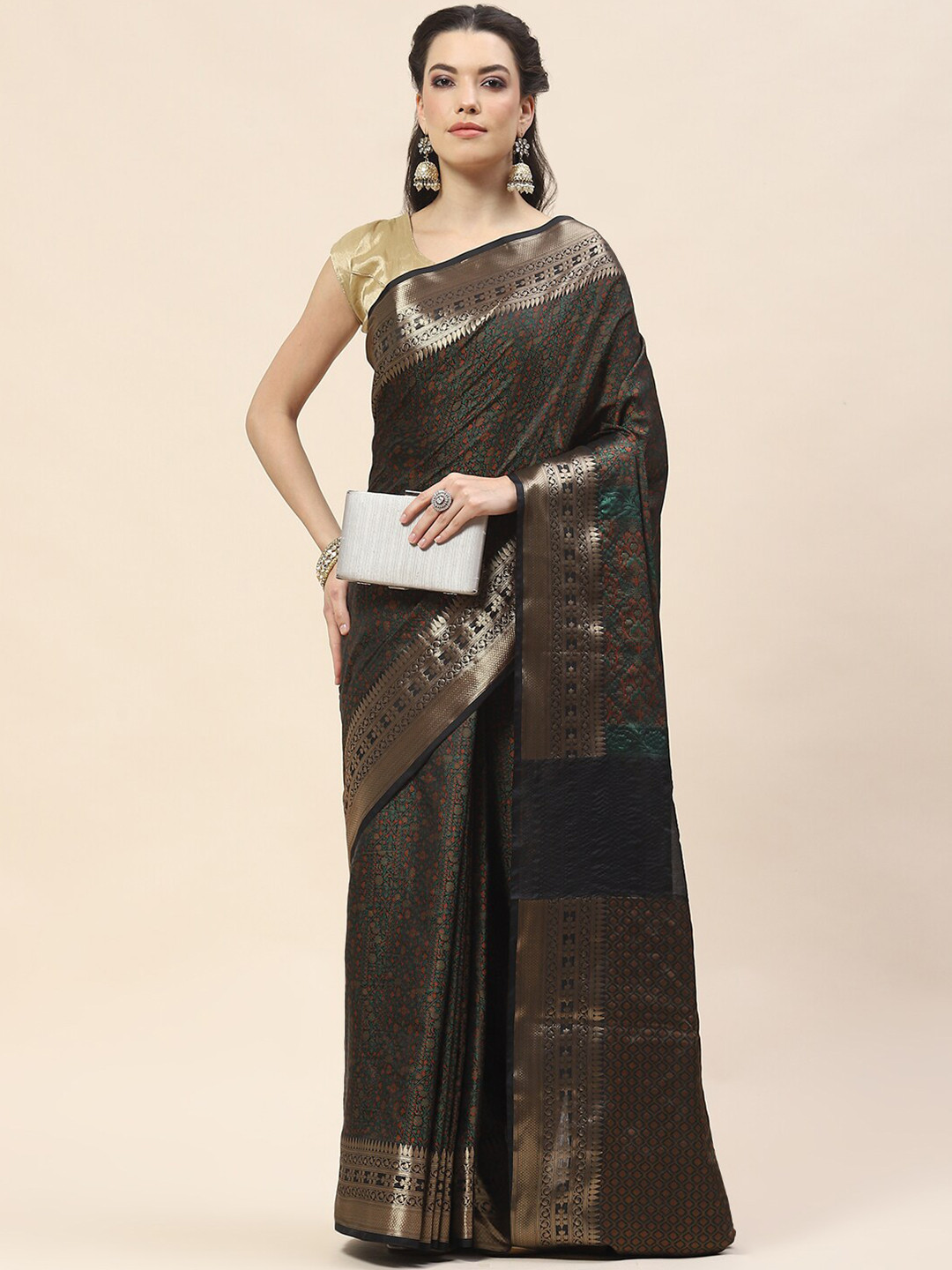 

Meena Bazaar Floral Woven Design Cotton Saree, Black