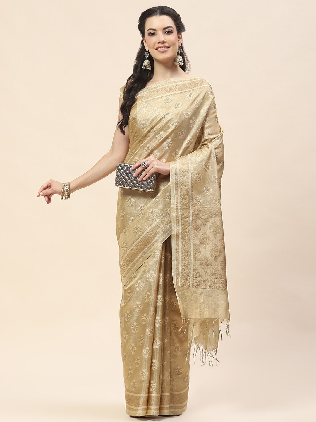 

Meena Bazaar Floral Woven Design Cotton Saree, Beige