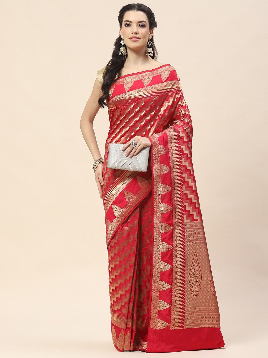 

Meena Bazaar Geometric Woven Design Art Silk Saree, Pink