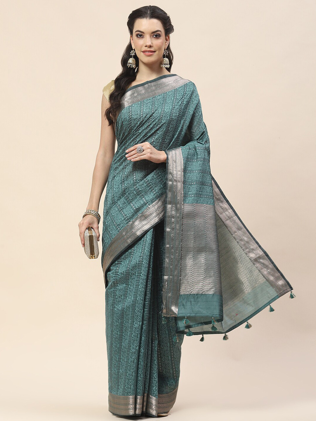

Meena Bazaar Geometric Woven Design Art Silk Tussar Saree, Green