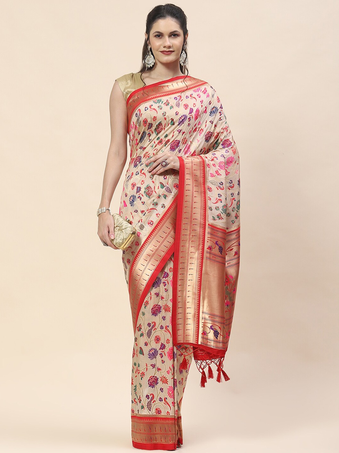

Meena Bazaar Floral Woven Design Art Silk Saree, Beige