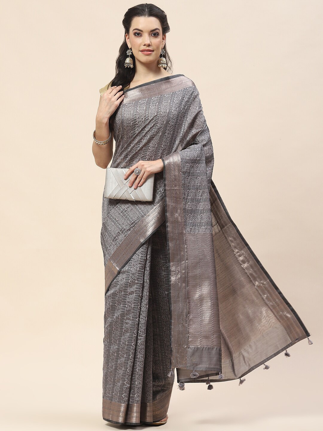 

Meena Bazaar Geometric Woven Design Art Silk Tussar Saree, Grey
