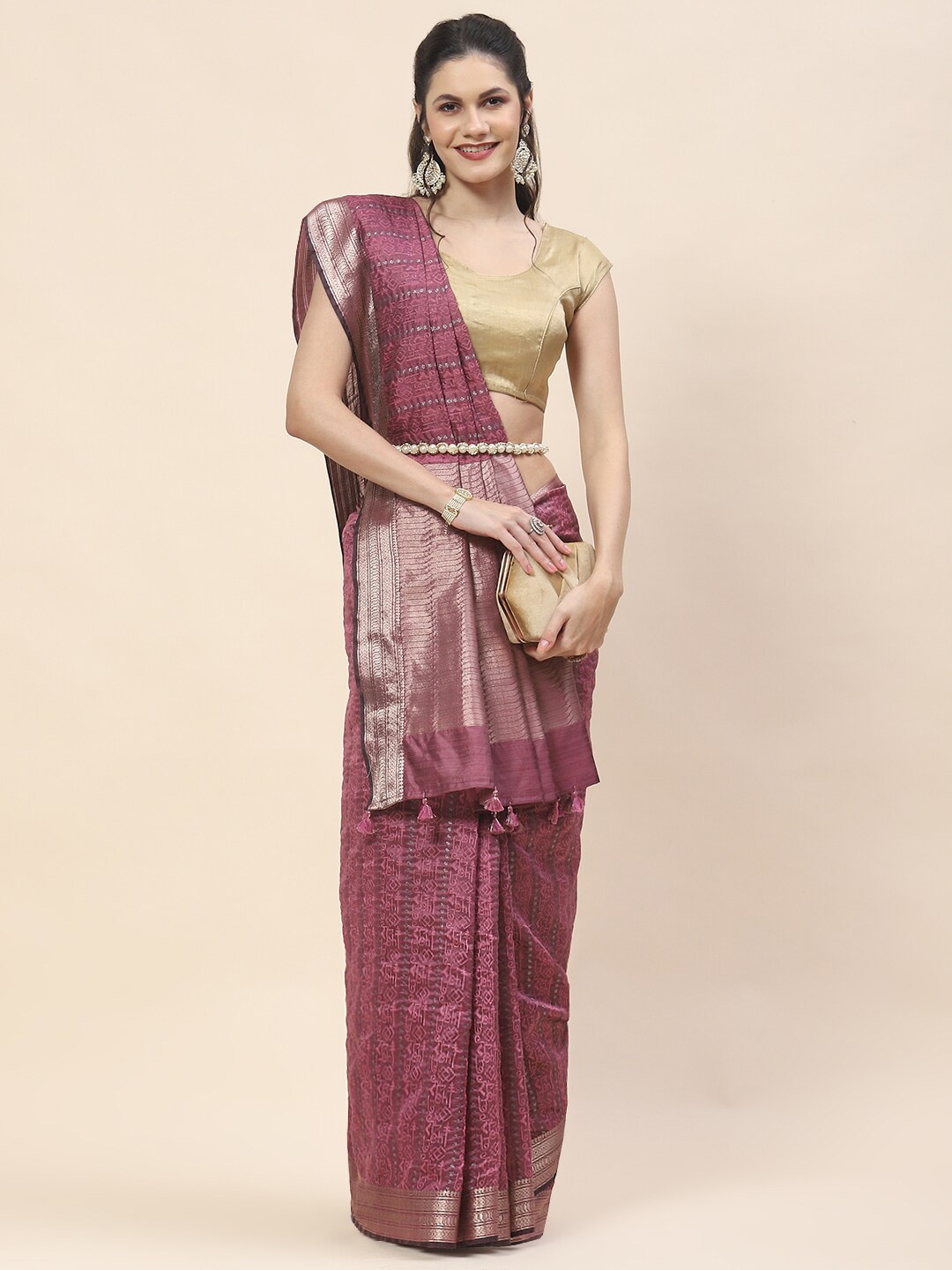 

Meena Bazaar Geometric Woven Design Art Silk Tussar Saree, Pink