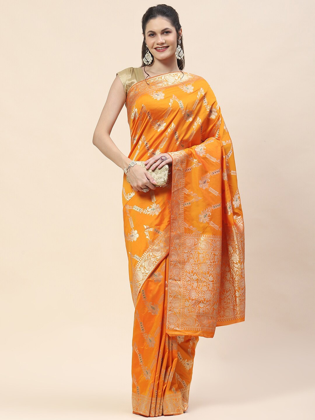 

Meena Bazaar Floral Woven Design Banarasi Art Silk Saree, Orange