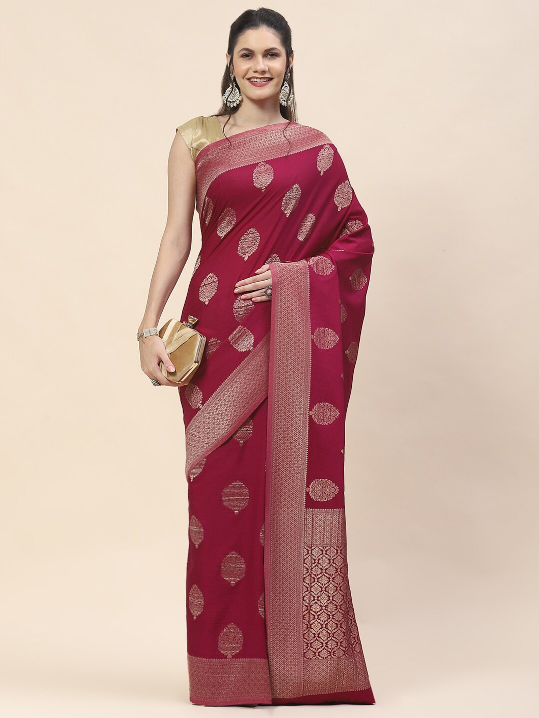 

Meena Bazaar Ethnic Motif Woven Design Tussar Art Silk Saree, Burgundy