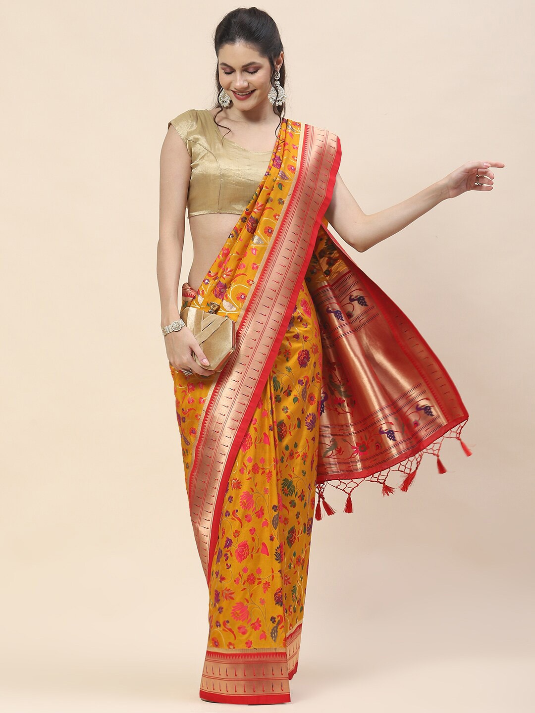 

Meena Bazaar Floral Woven Design Art Silk Saree, Mustard