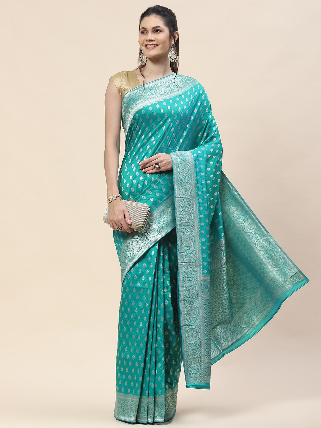

Meena Bazaar Ethnic Motif Woven Design Banarasi Art Silk Saree, Sea green