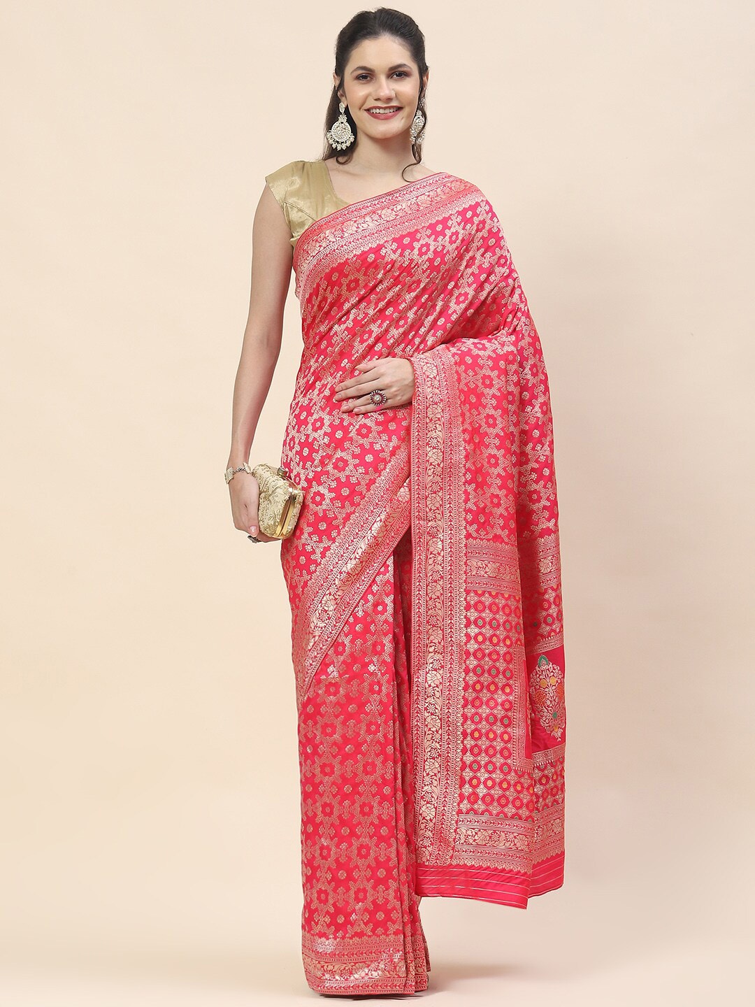 

Meena Bazaar Ethnic Motif Woven Design Banarasi Art Silk Saree, Pink