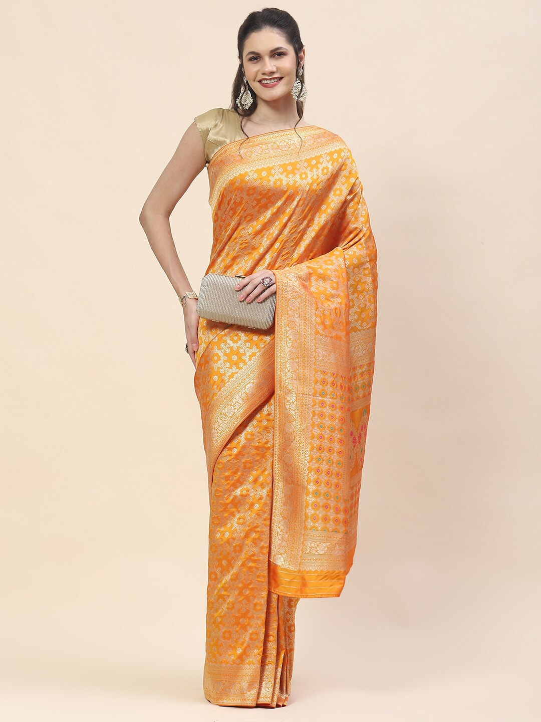 

Meena Bazaar Ethnic Motif Woven Design Banarasi Art Silk Saree, Mustard