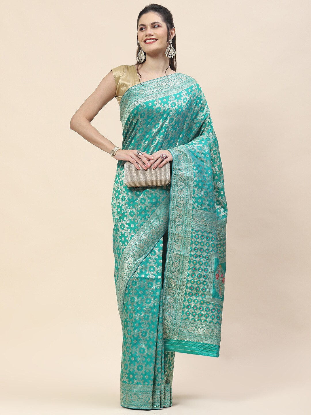 

Meena Bazaar Ethnic Motif Woven Design Banarasi Art Silk Saree, Sea green
