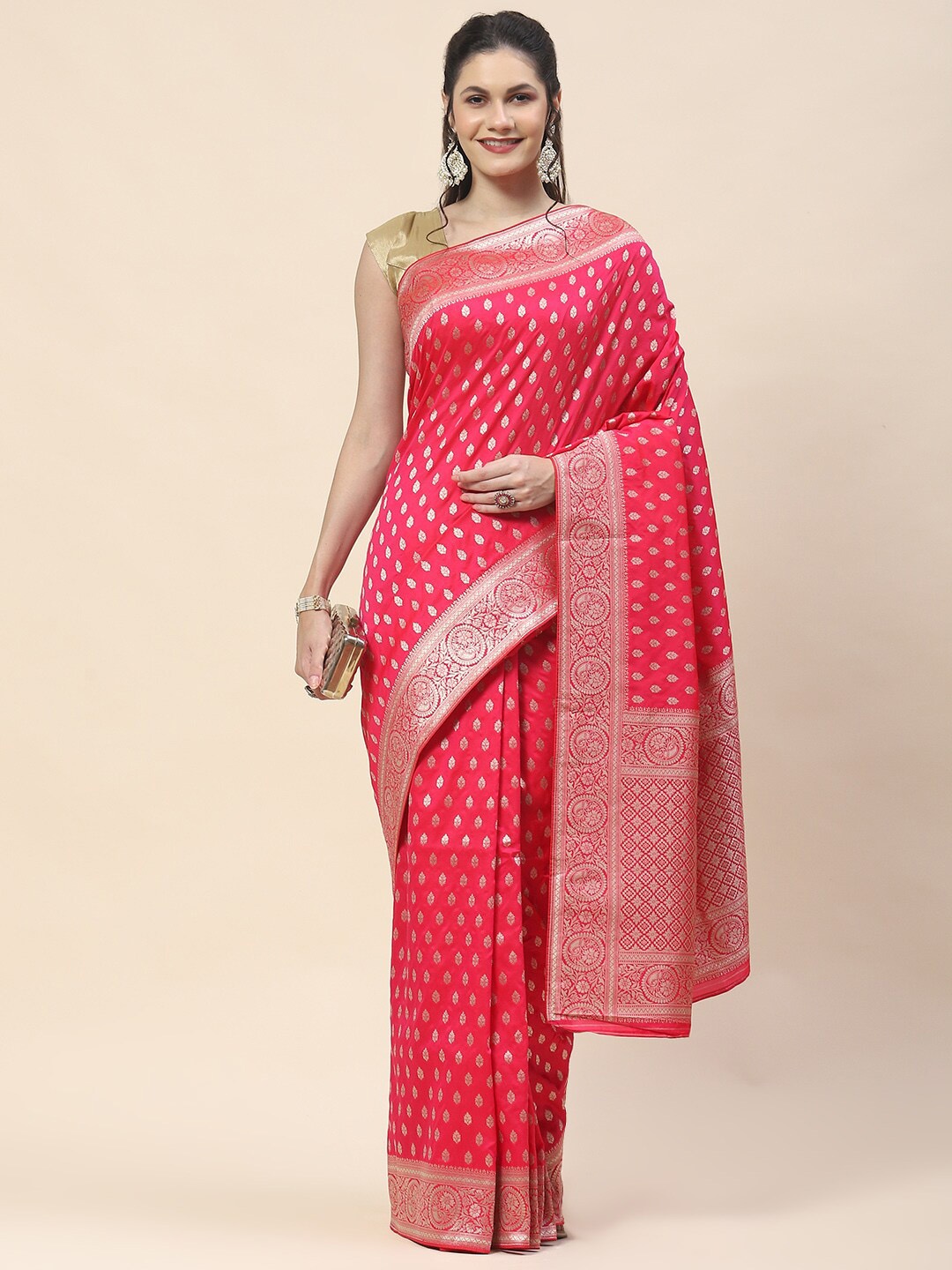 

Meena Bazaar Ethnic Motif Woven Design Art Silk Banarasi Saree, Pink