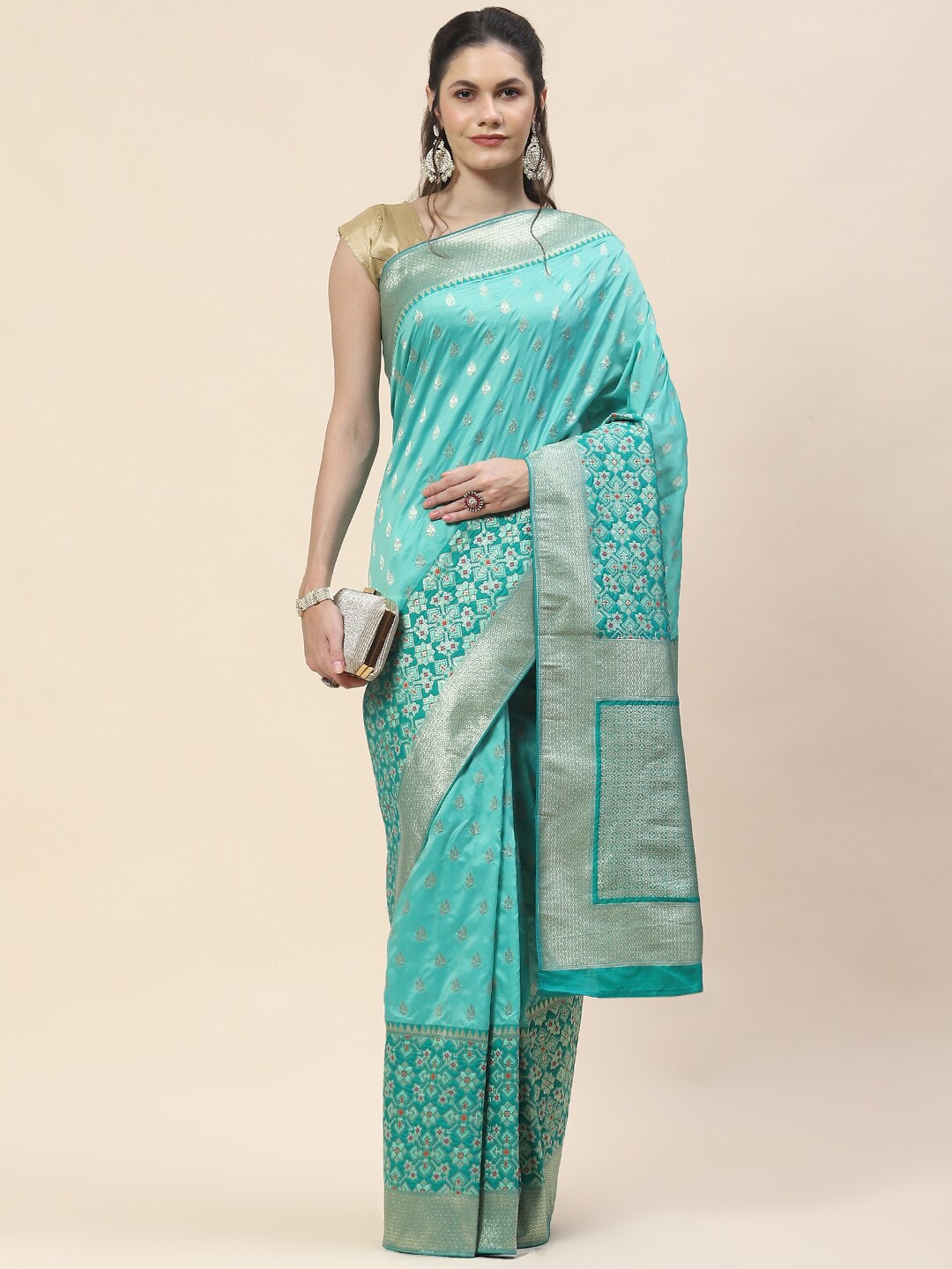 

Meena Bazaar Floral Woven Design Zari Banarasi Saree, Sea green