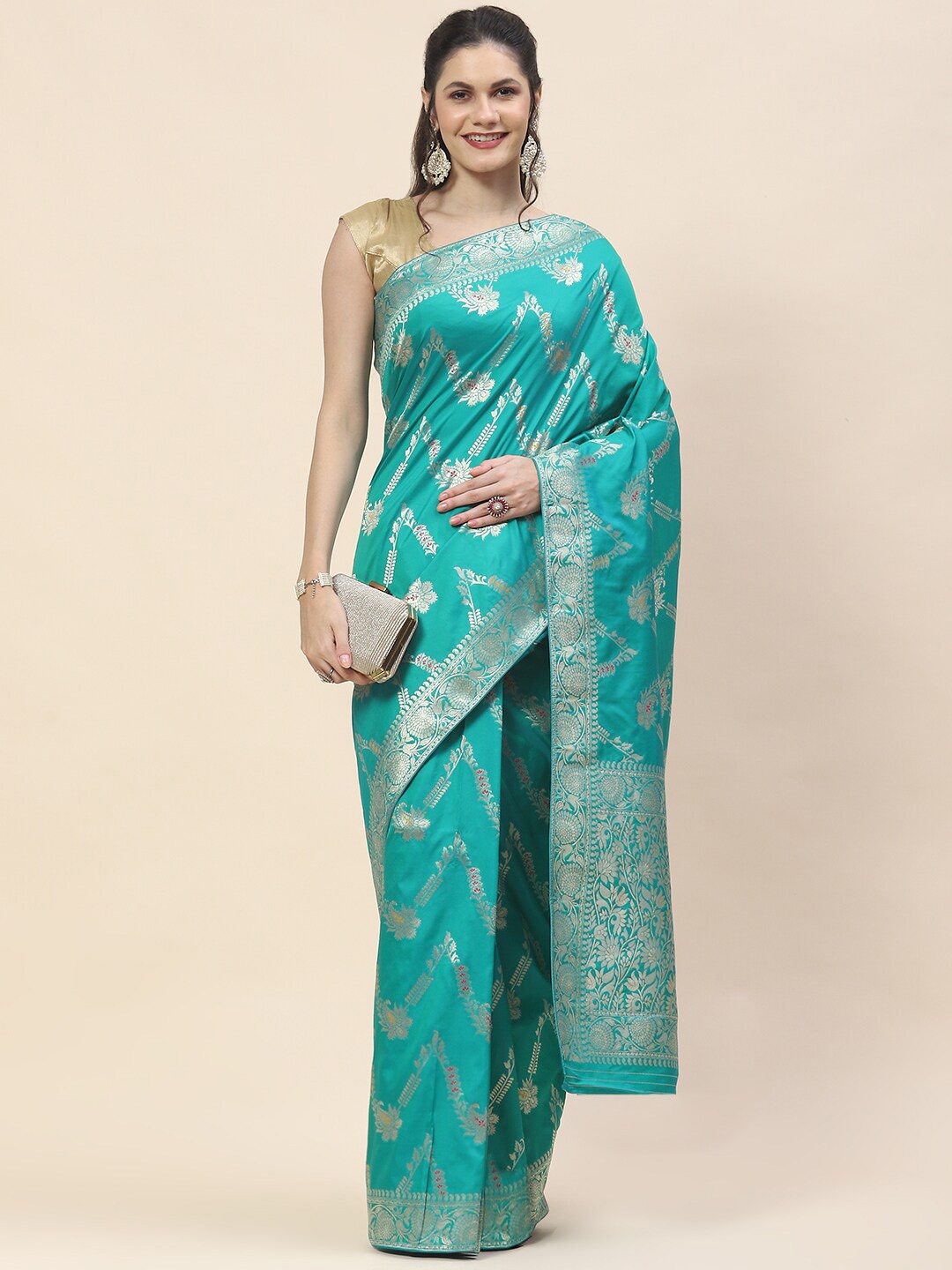 

Meena Bazaar Woven Design Floral Zari Banarasi Saree, Sea green