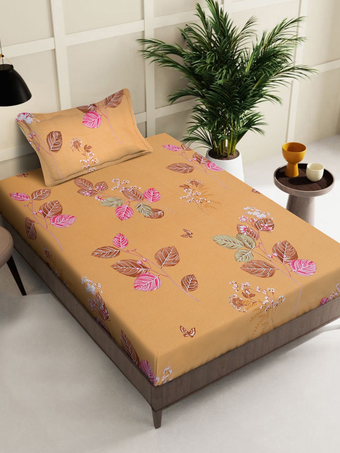 

KLOTTHE Mustard Floral Printed Pure Cotton 400 TC Single Bedsheet With Pillow Cover