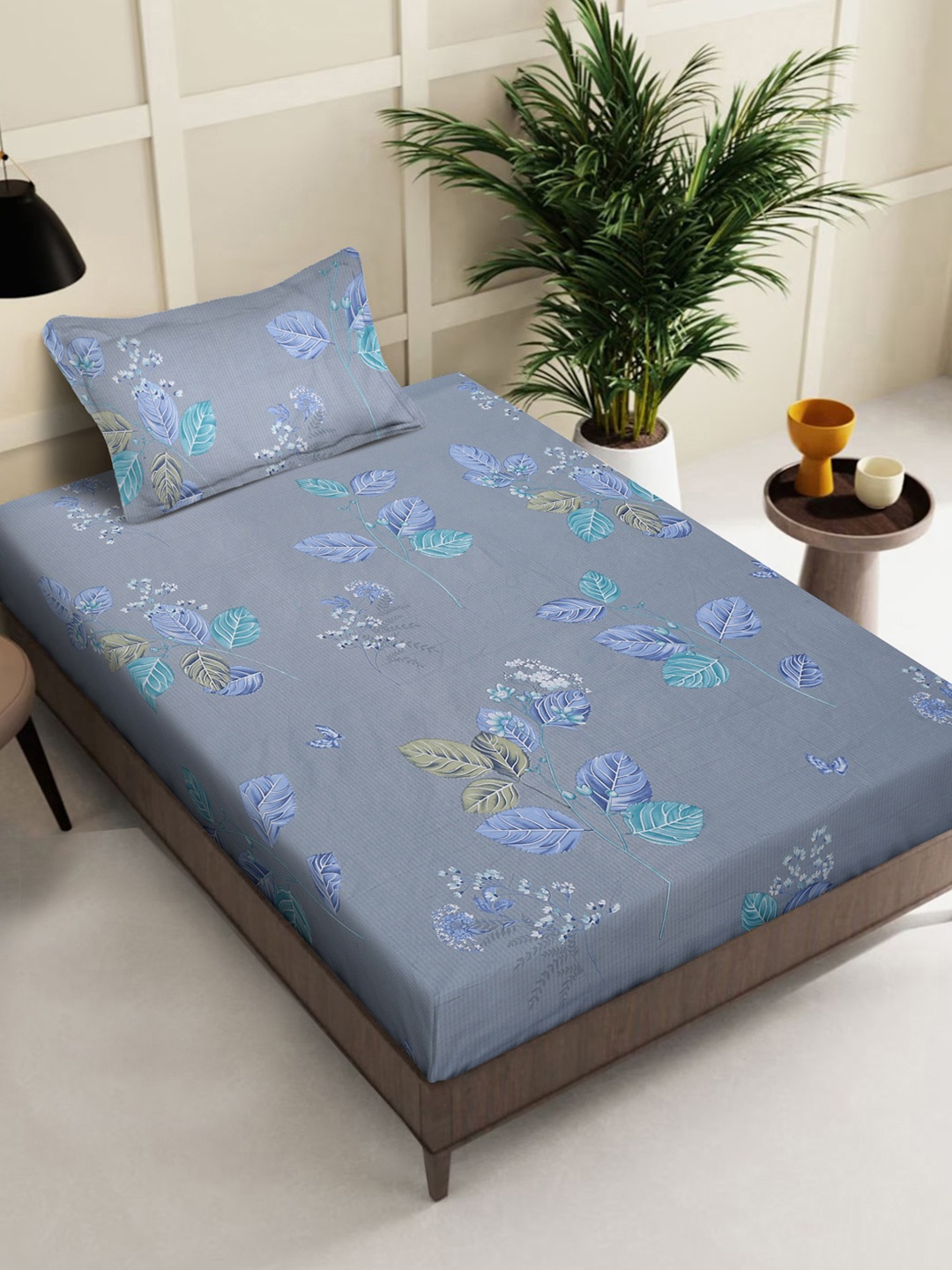 

KLOTTHE Grey Floral Printed Pure Cotton 400 TC Single Bedsheet With Pillow Cover