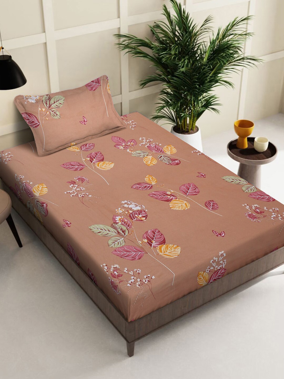 

KLOTTHE Brown & Pink Floral Printed 400 TC Single Bedsheet Set
