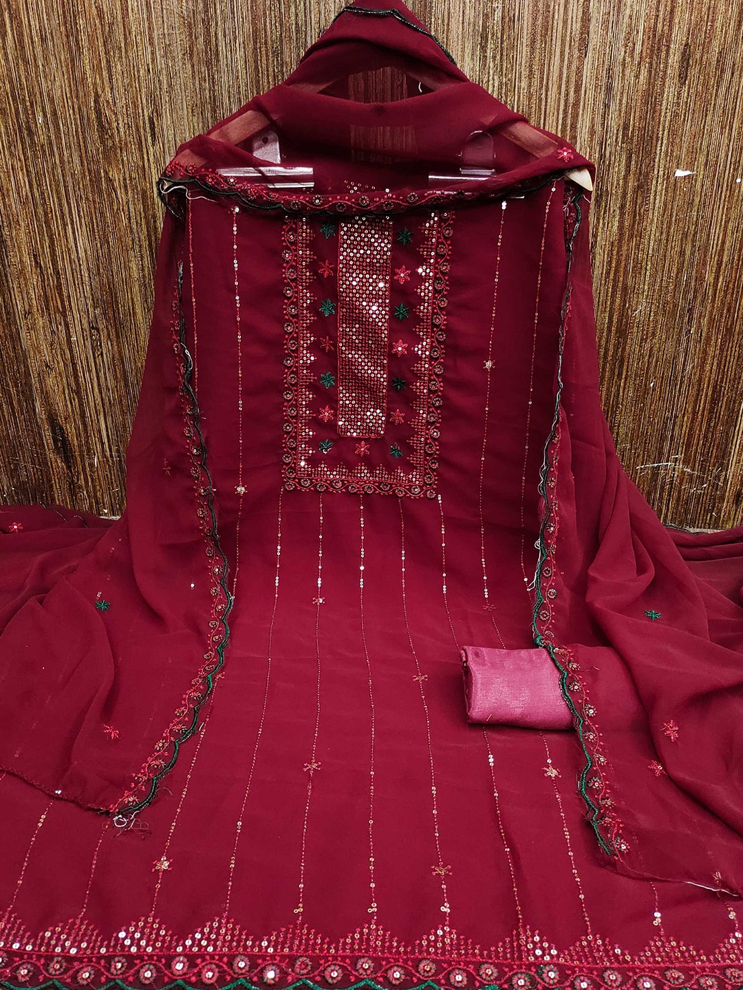 

KALINI Floral Embroidered Sequinned Unstitched Dress Material, Maroon