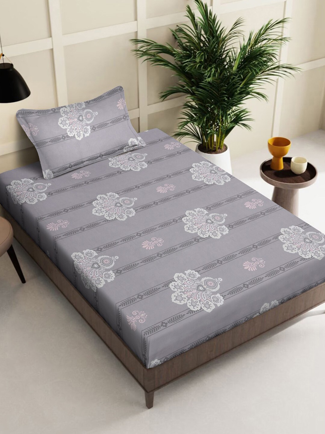 KLOTTHE Grey Printed Pure Cotton 400 TC Single Bedsheet Set
