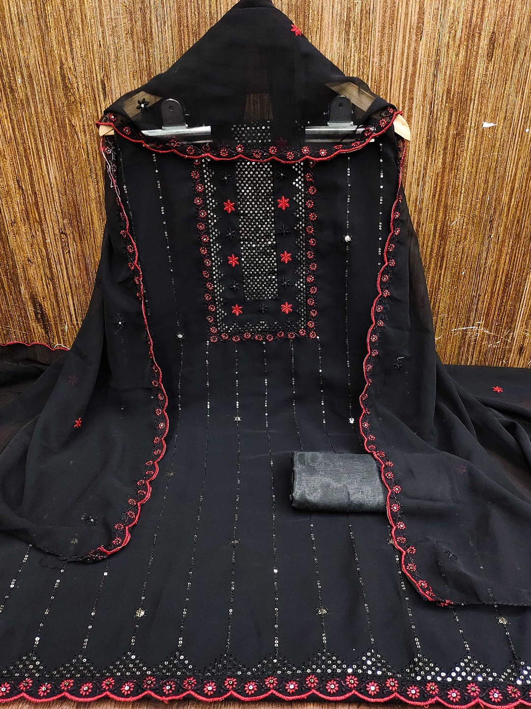 

KALINI Floral Embroidered Sequinned Unstitched Dress Material, Black