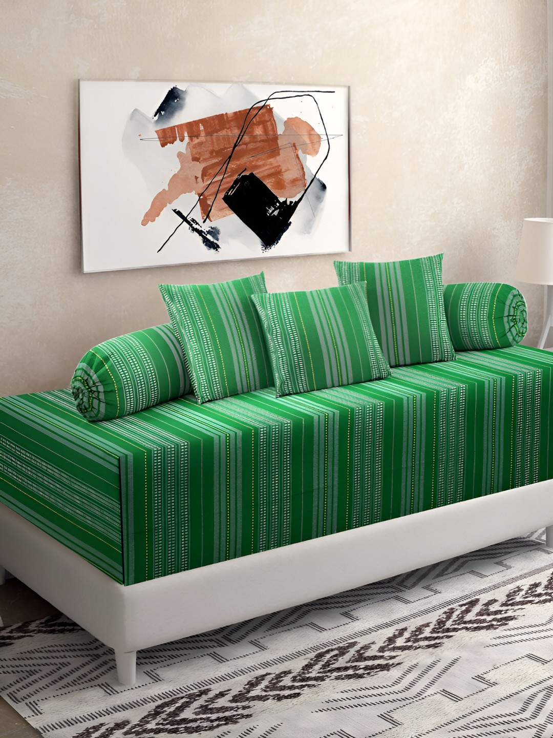 

KLOTTHE Green 6 Pieces Striped Pure Cotton Diwan Set