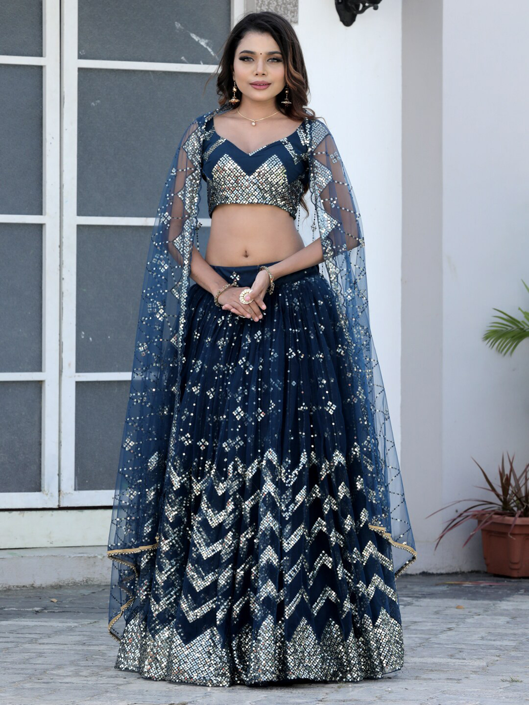 

TIKODI Embellished Sequinned Semi-Stitched Net Lehenga & Unstitched Blouse With Dupatta, Blue