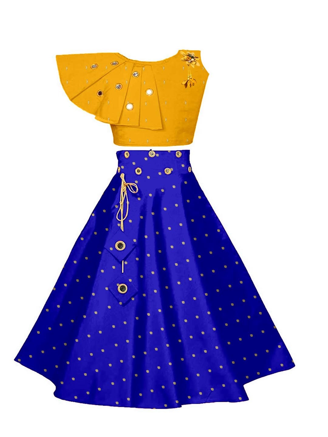 

BAESD Girls Embroidered Mirror Work Ready to Wear Lehenga & Blouse, Yellow