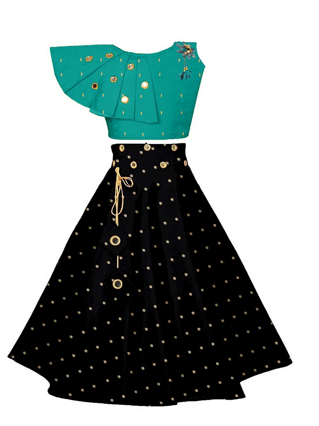 

BAESD Girls Embroidered Mirror Work Ready to Wear Lehenga & Blouse, Green