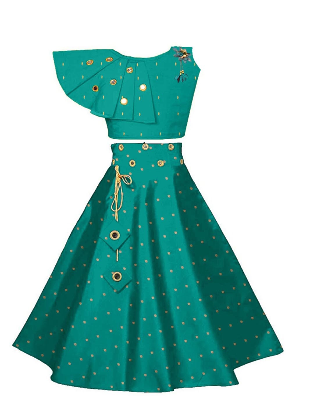 

BAESD Girls Embellished Mirror Work Ready to Wear Lehenga, Green