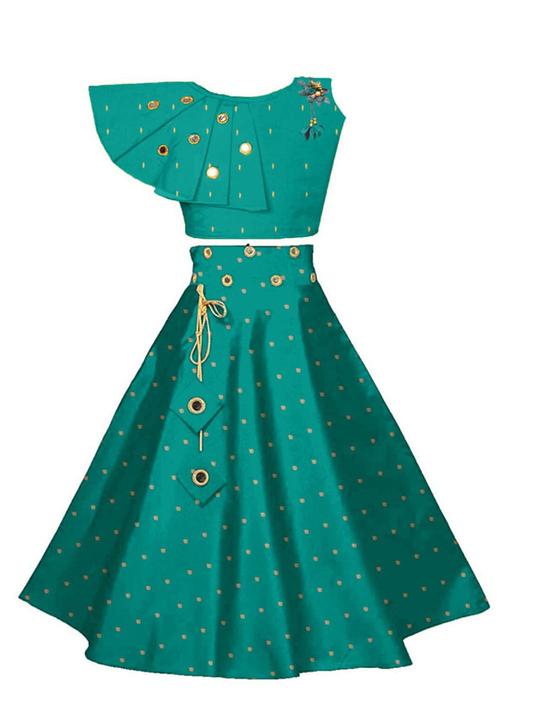 

BAESD Girls Embellished Mirror Work Ready to Wear Lehenga, Green