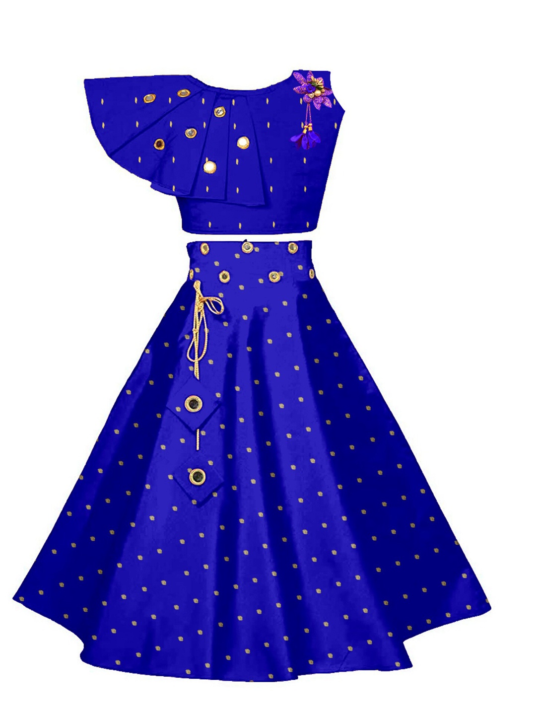 

BAESD Girls Woven Design Mirror Work Ready to Wear Lehenga & Blouse, Blue