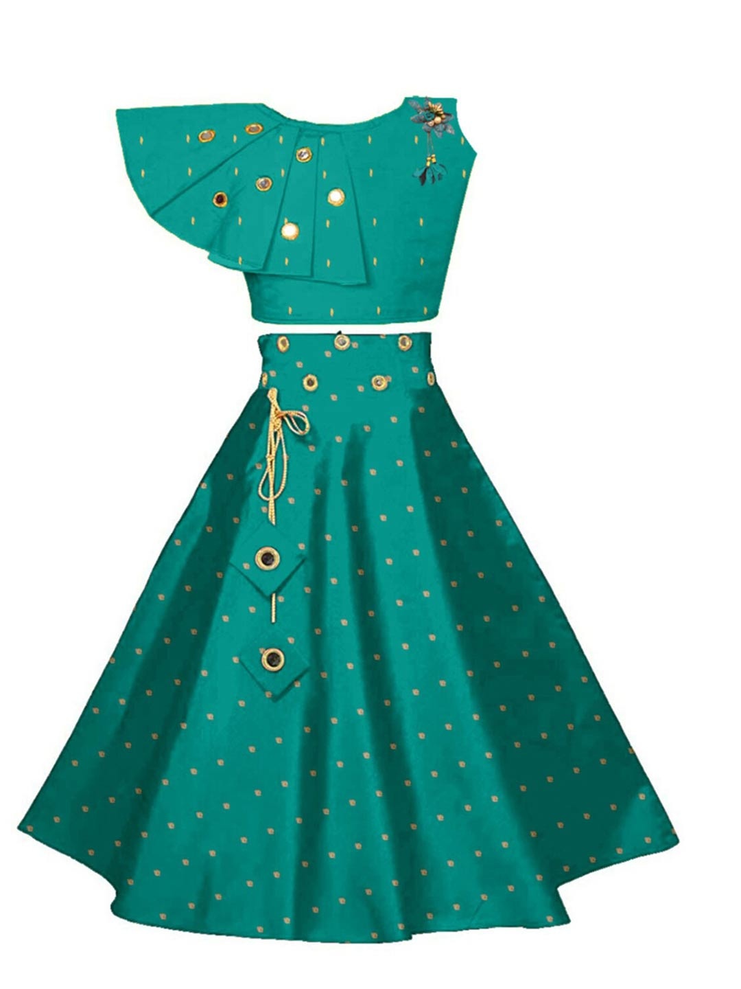 

BAESD Girls Woven Design Mirror Work Ready to Wear Lehenga & Blouse, Green