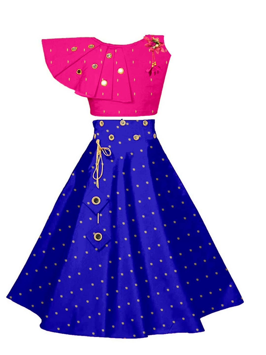 

BAESD Girls Woven Design Mirror Work Ready to Wear Lehenga & Blouse, Pink