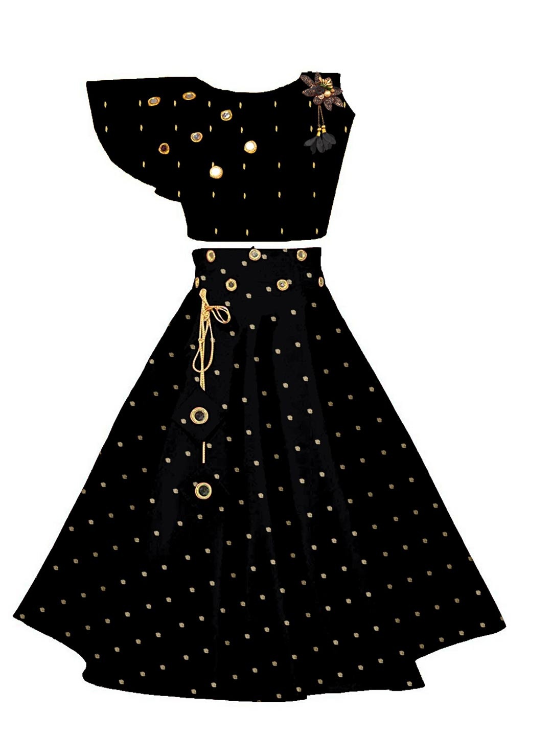 

BAESD Girls Embellished Mirror Work Ready to Wear Lehenga & Blouse, Black