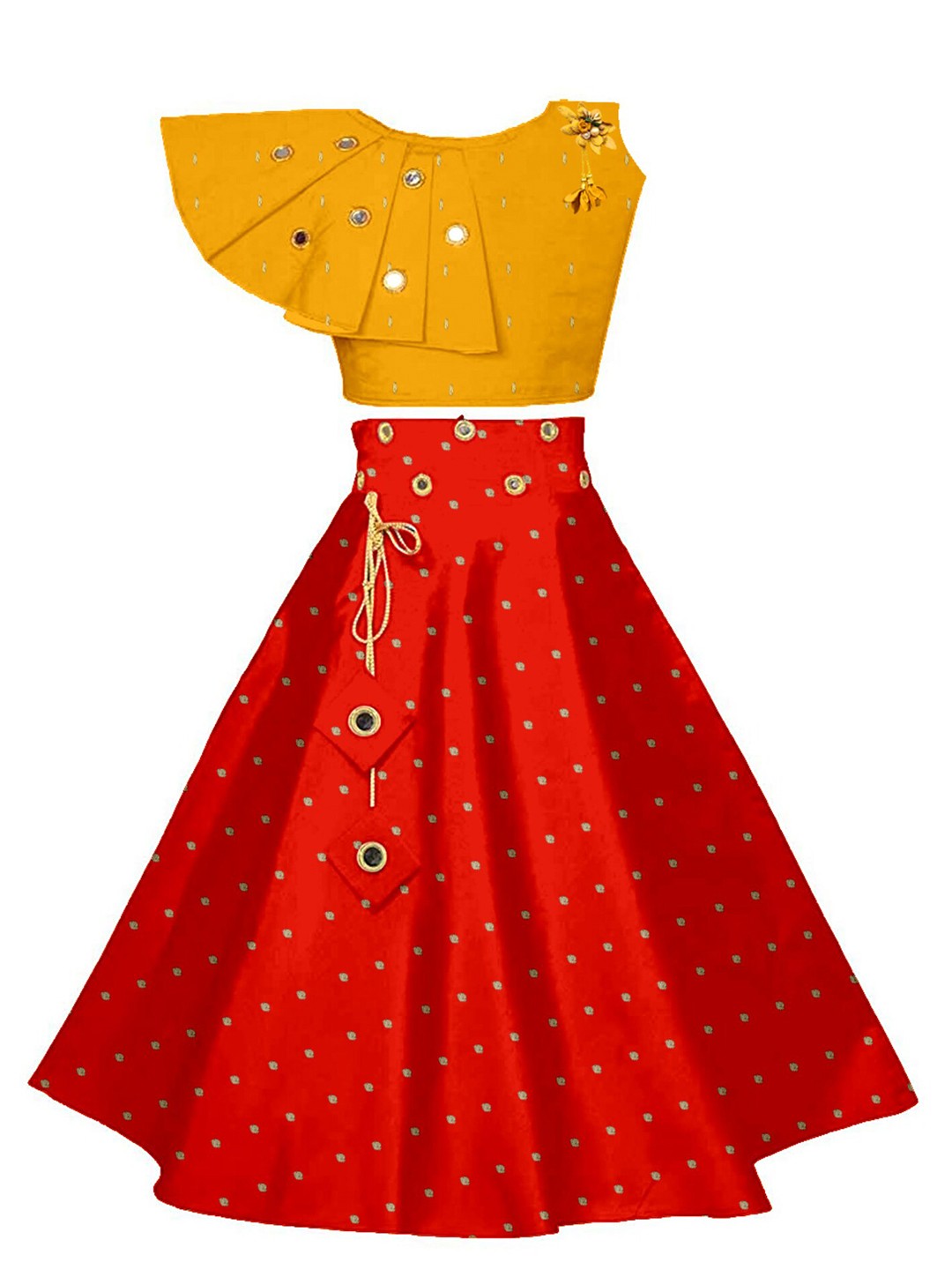 

BAESD Girls Embellished Mirror Work Ready to Wear Lehenga & Blouse, Yellow