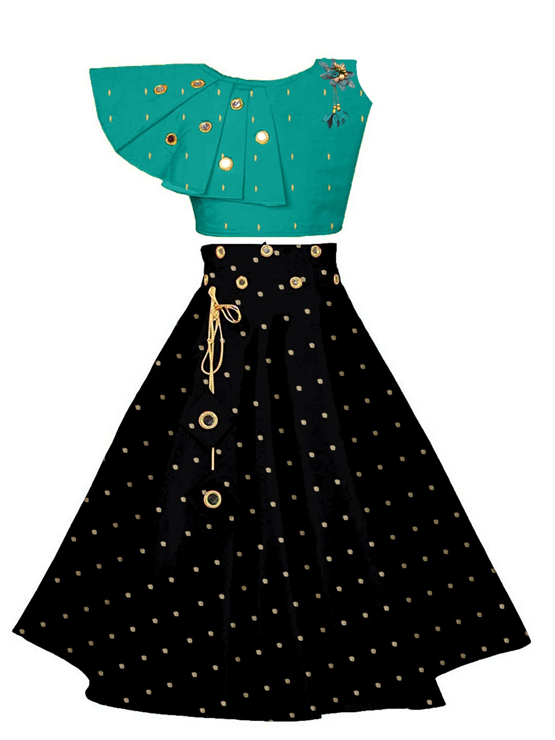 

BAESD Girls Embellished Mirror Work Ready to Wear Lehenga & Blouse, Green