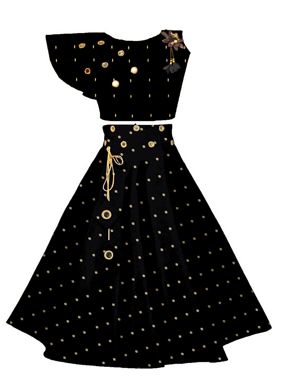 

BAESD Girls Embellished Mirror Work Ready to Wear Lehenga & Blouse, Black