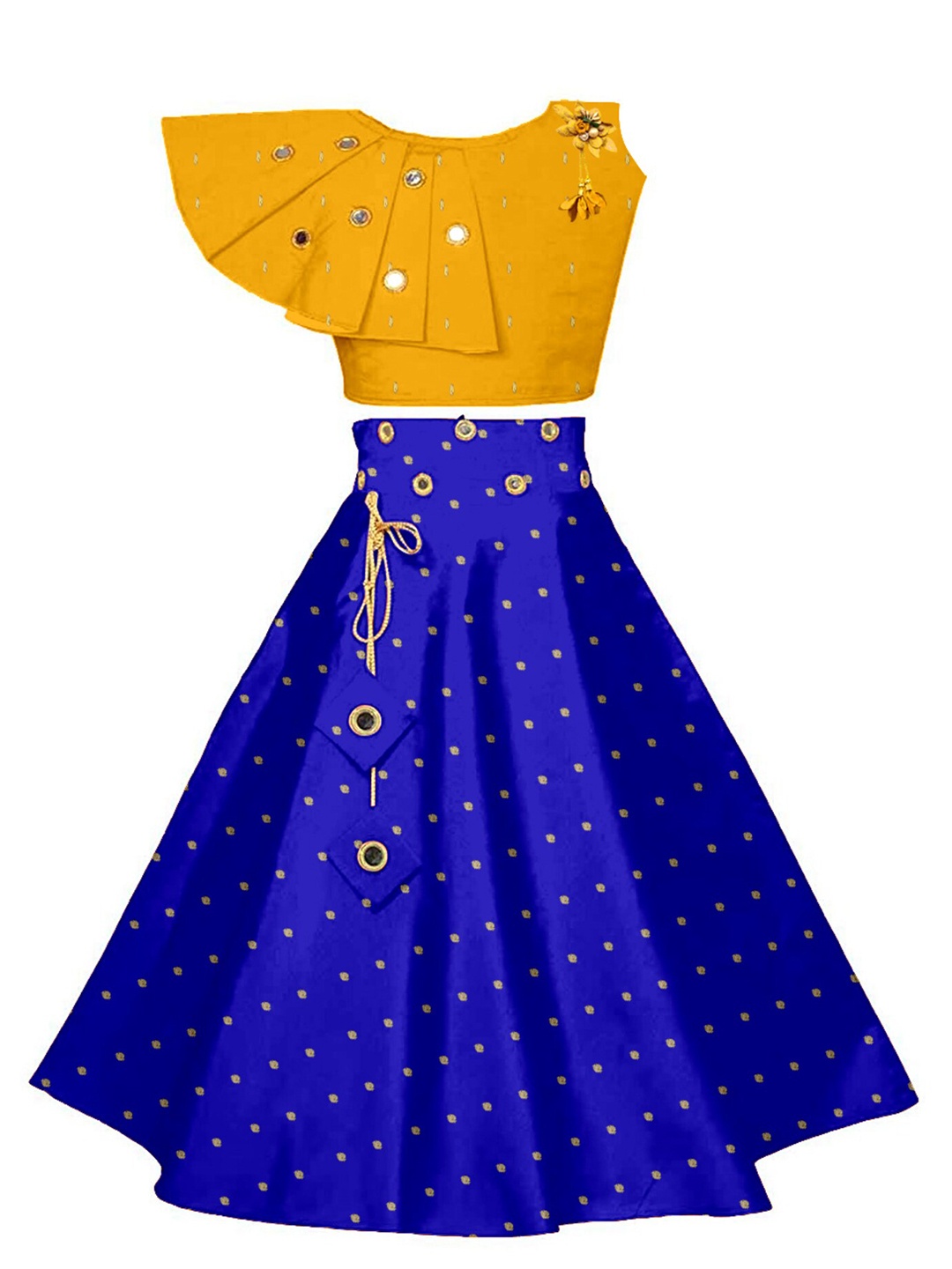 

BAESD Girls Embroidered Mirror Work Ready to Wear Lehenga & Choli, Yellow