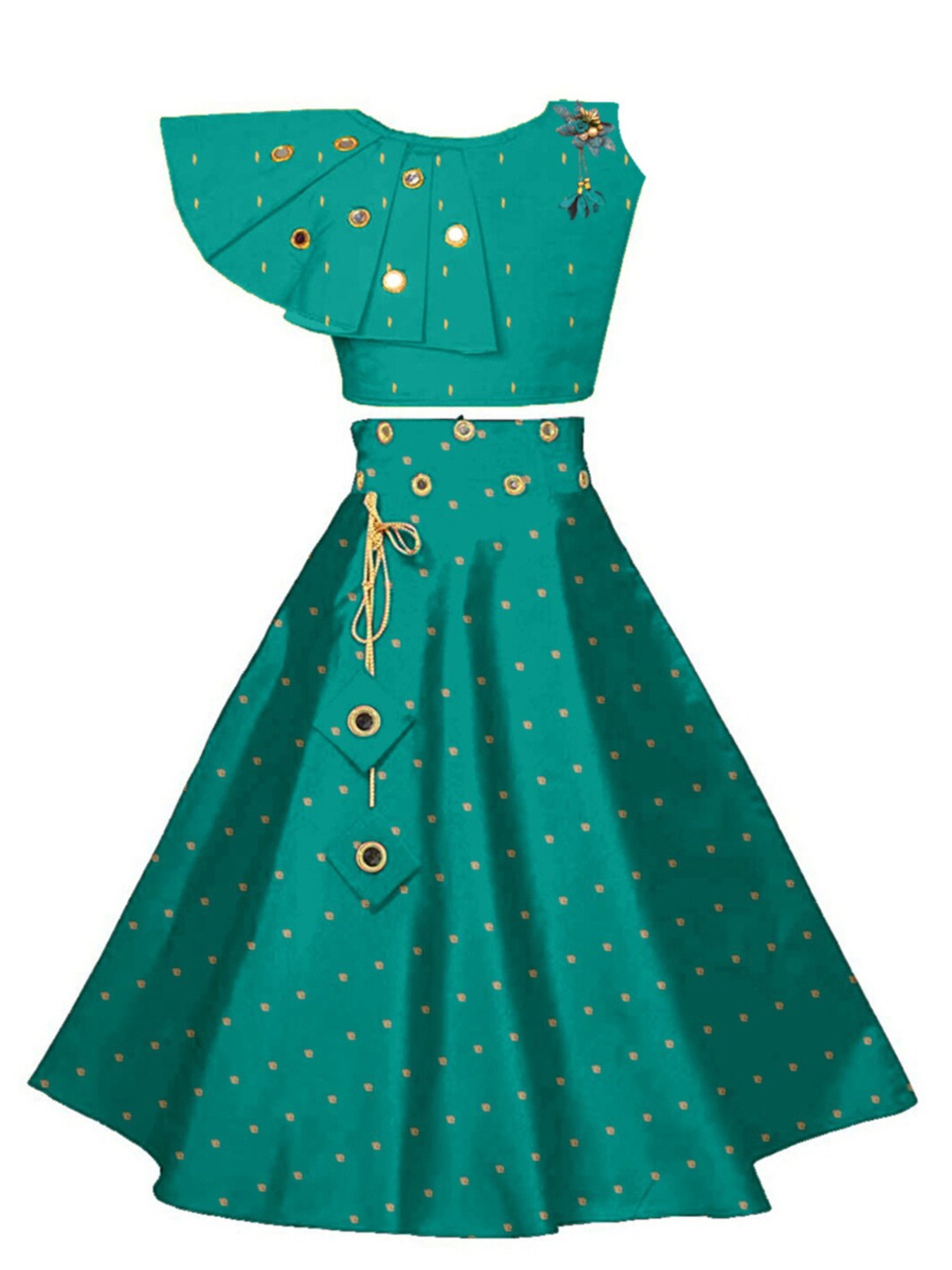

BAESD Girls Embroidered Mirror Work Ready to Wear Lehenga & Choli, Green