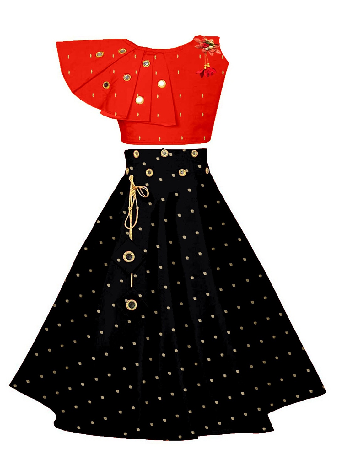 

BAESD Girls Embroidered Mirror Work Ready to Wear Lehenga & Choli, Red