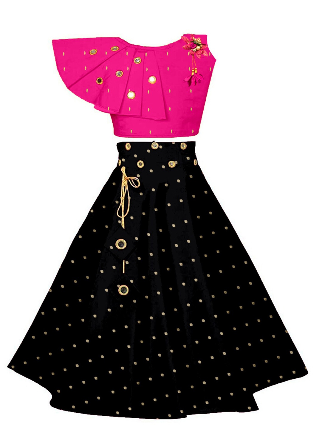 

BAESD Girls Embroidered Mirror Work Ready to Wear Lehenga & Choli, Pink