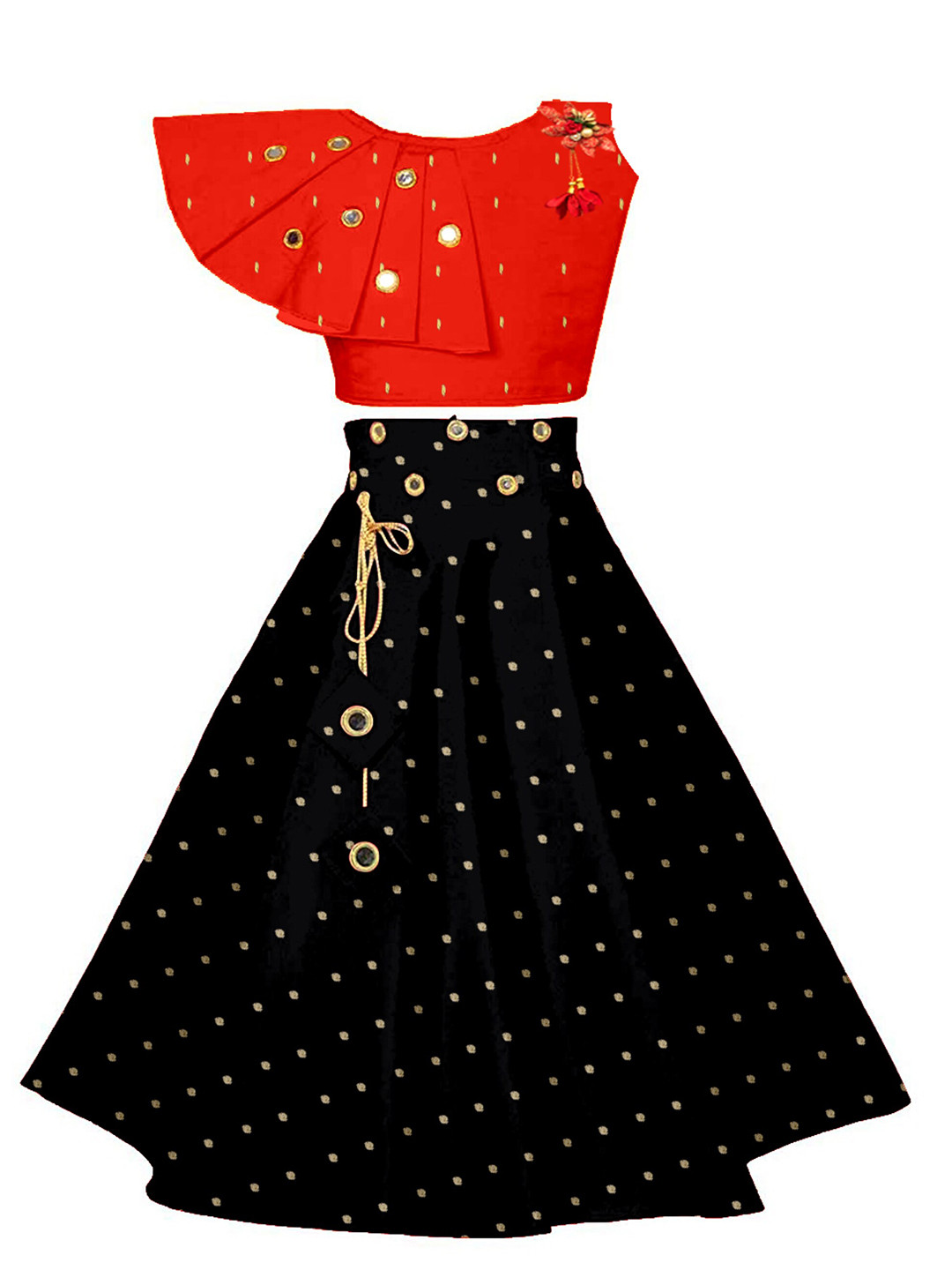 

BAESD Girls Embroidered Mirror Work Ready to Wear Lehenga Choli, Red