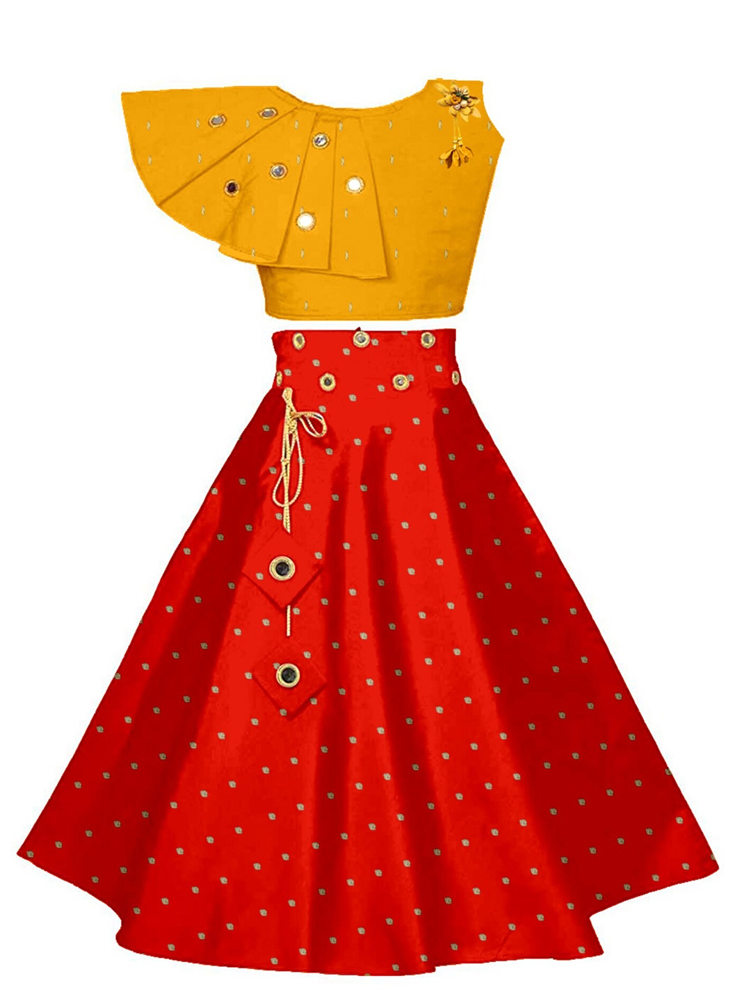 

BAESD Girls Embroidered Mirror Work Ready to Wear Lehenga Choli, Yellow