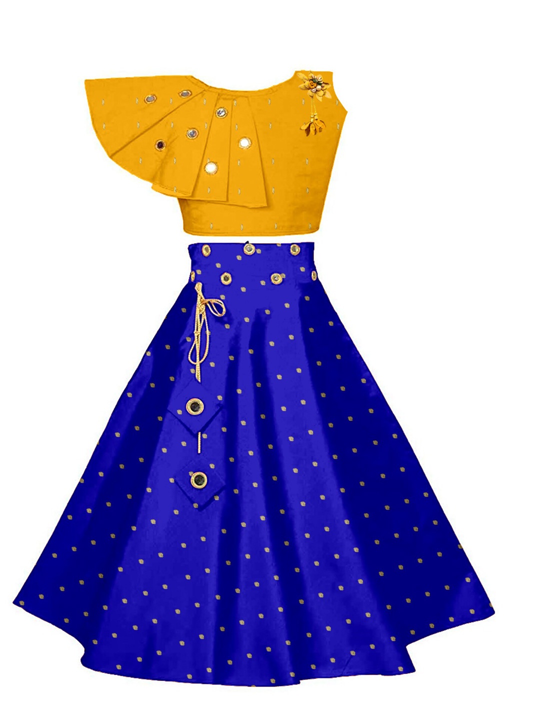 

BAESD Girls Embroidered Mirror Work Ready to Wear Lehenga & Blouse, Yellow