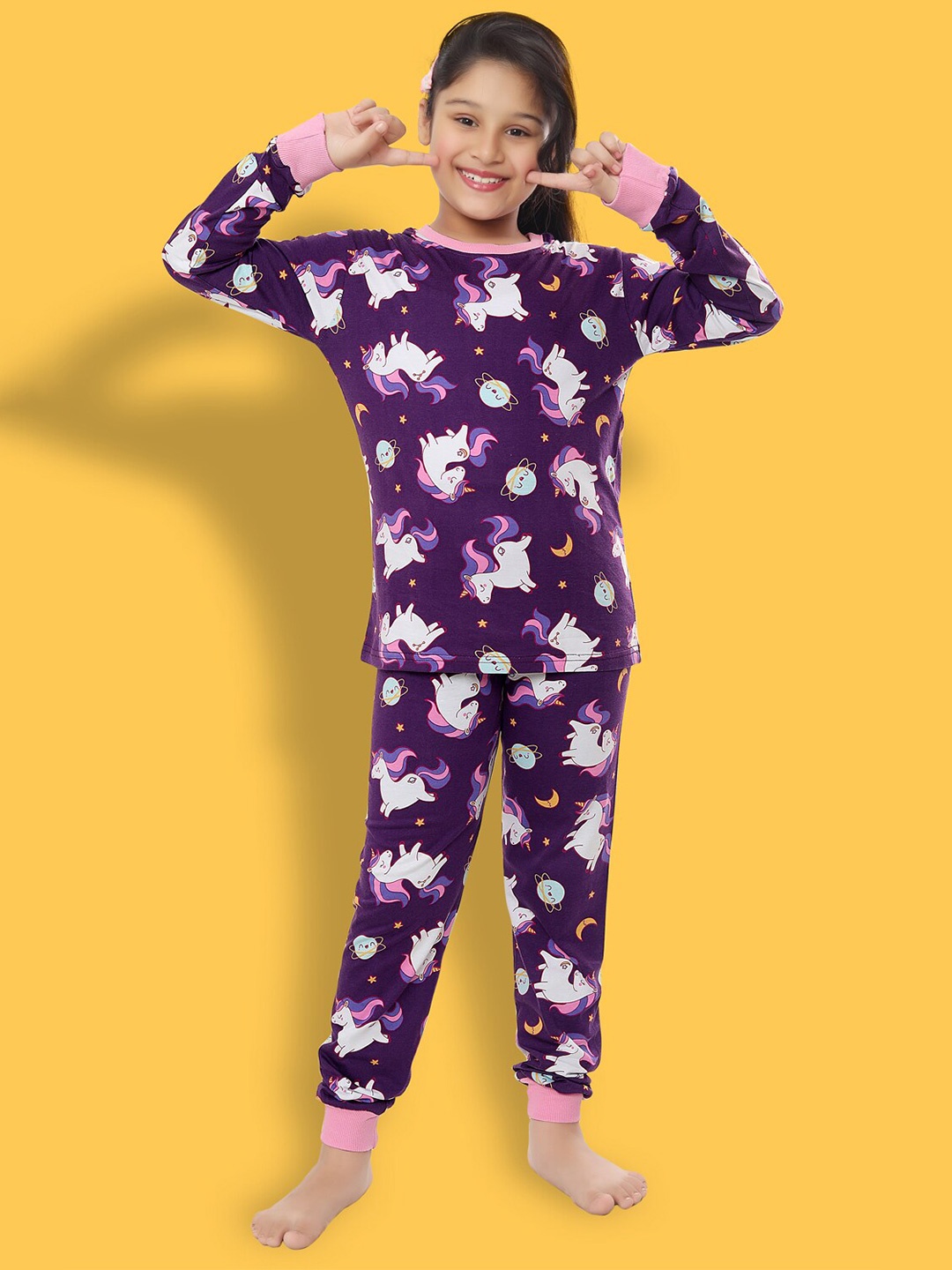 

Ninos Dreams Girls Graphic Printed Pure Cotton Night suit, Purple