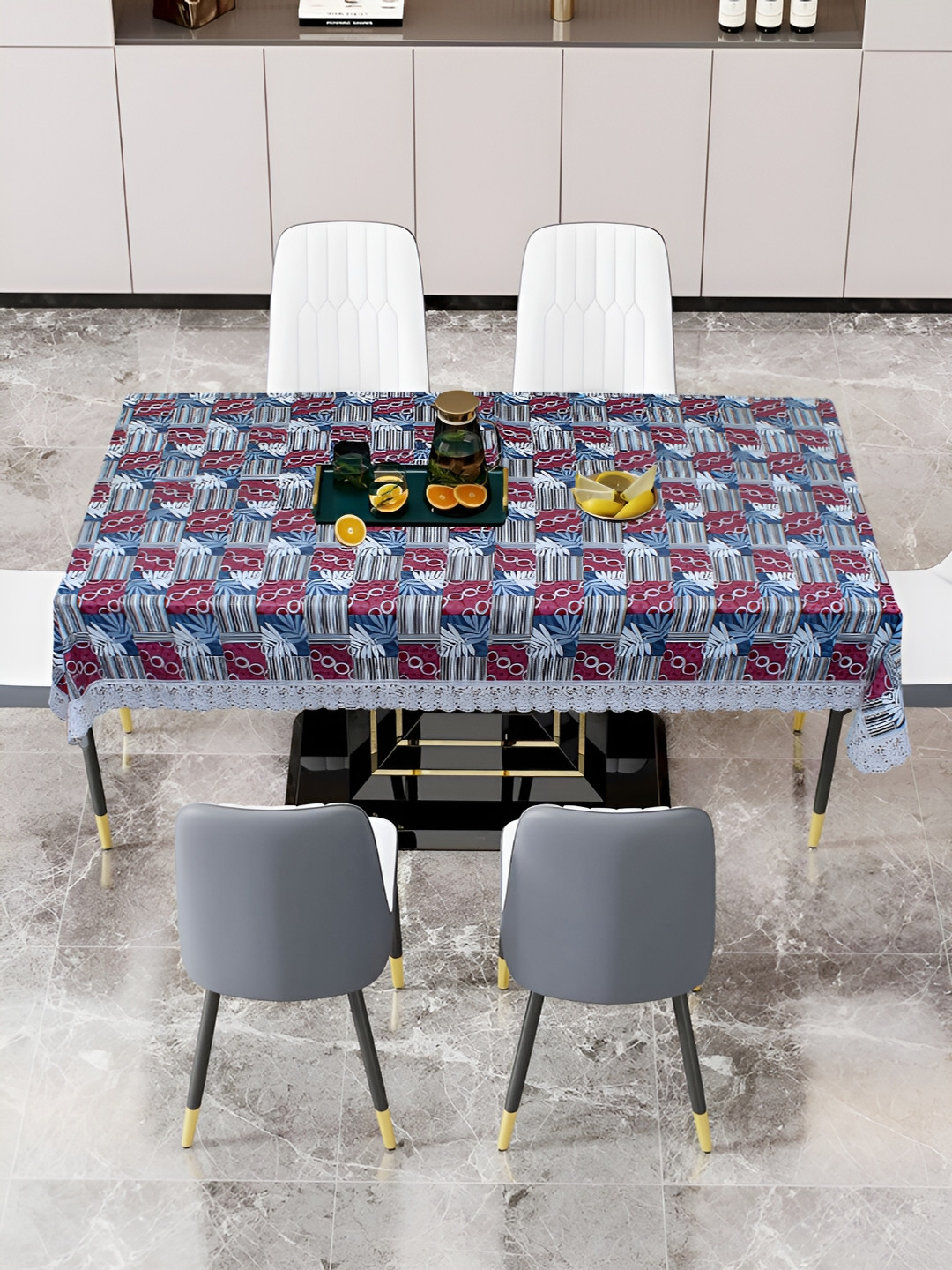 

DREAM CARE White & Maroon Geometric 60 x 90 Waterproof 6 Seater Table Cover, Blue