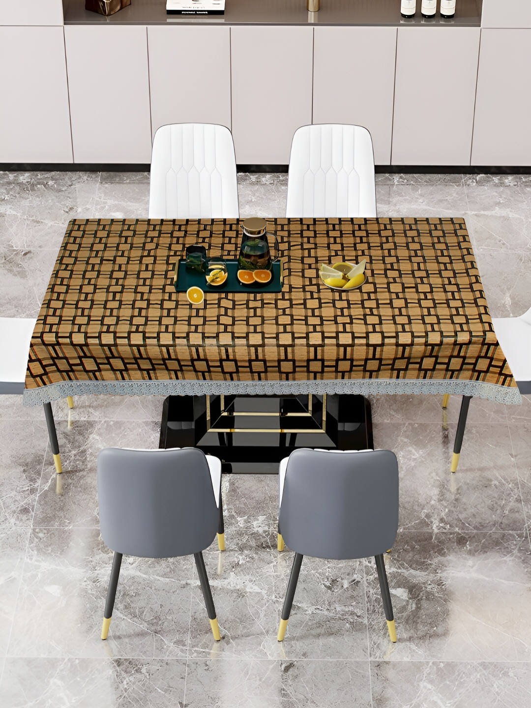

DREAM CARE Brown & White Geometric 60 x 90 Waterproof 6 Seater Table Cover