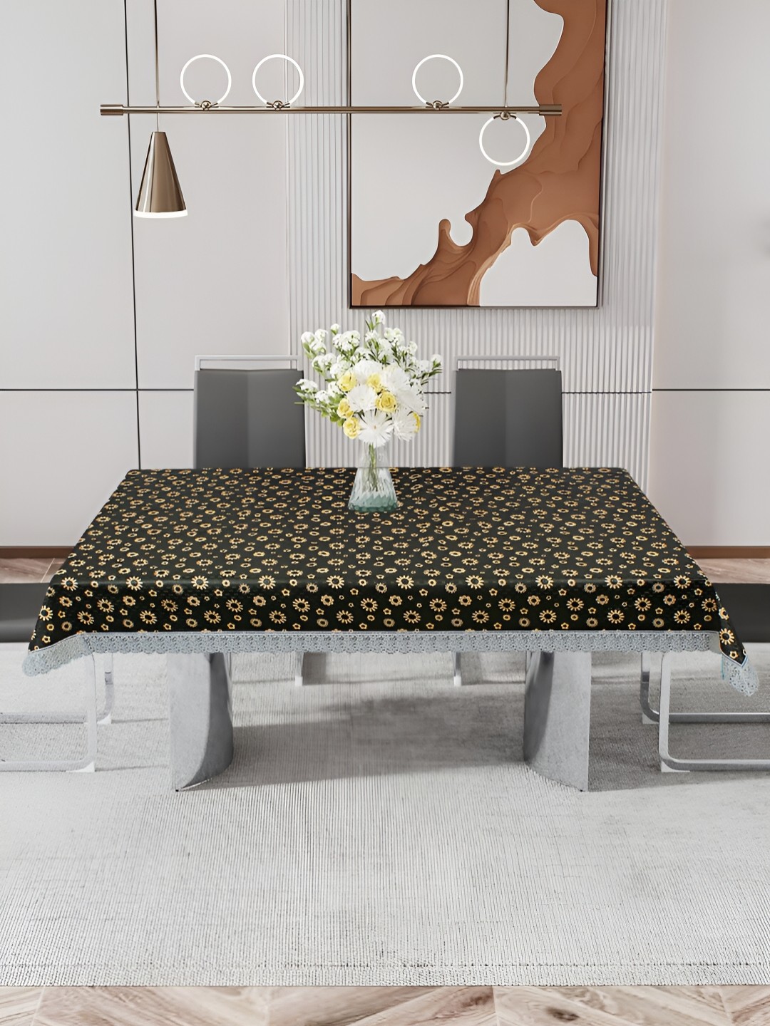 

DREAM CARE Black & Beige Floral Printed Waterproof 4 Seater Rectangular Table Cover