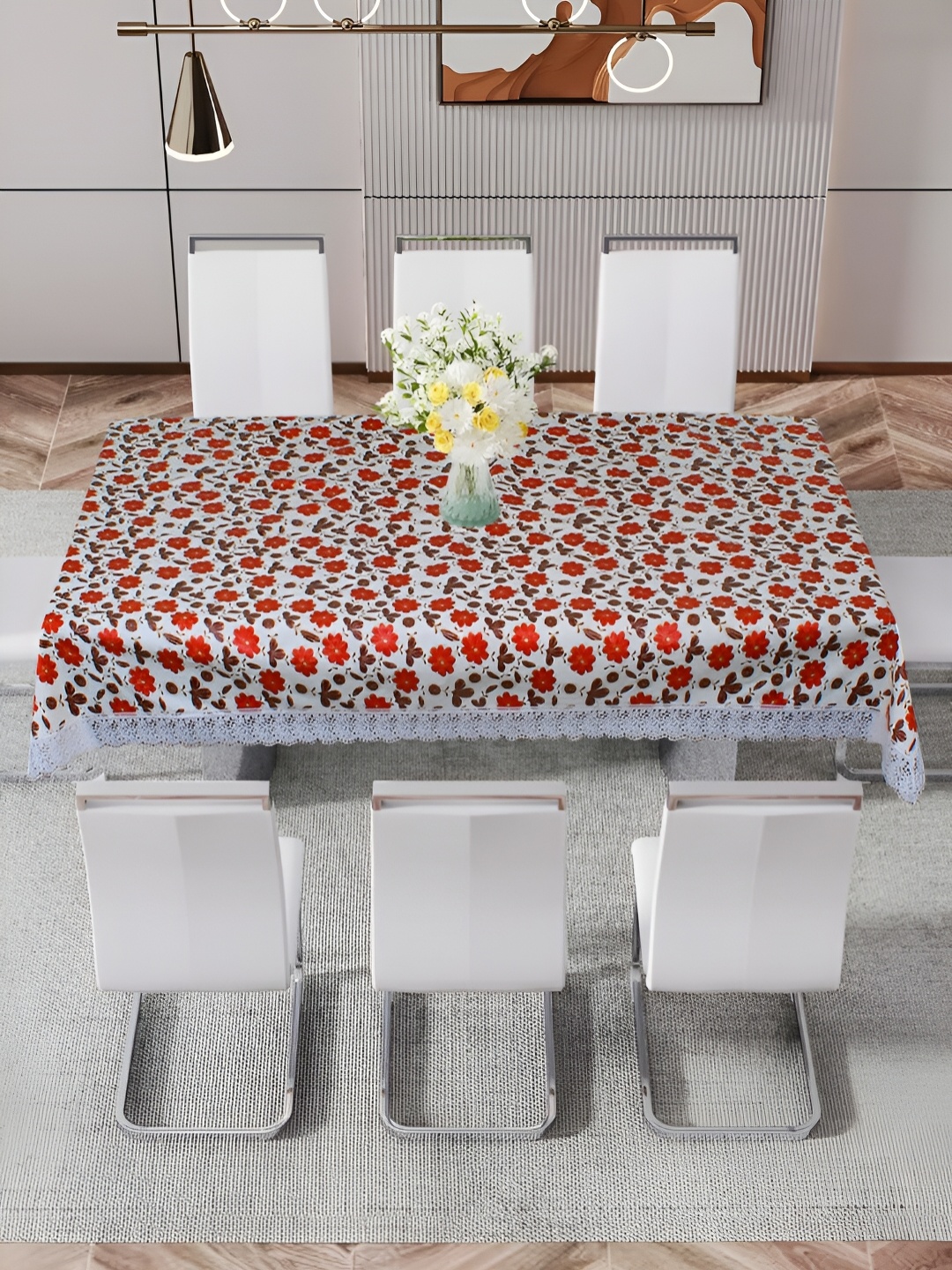

DREAM CARE White & Red Floral Printed Waterproof 8 Seater Rectangular Table Cover