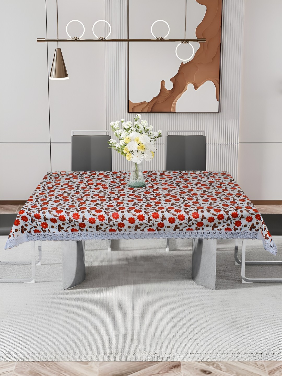 

DREAM CARE White & Red Floral Printed Waterproof 4 Seater Rectangular Table Cover